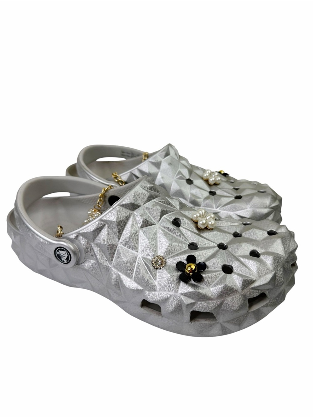 RARE Crocs Metallic Geometric Clogs Silver Iconic Comfort Fancy Jibbitz Size 10